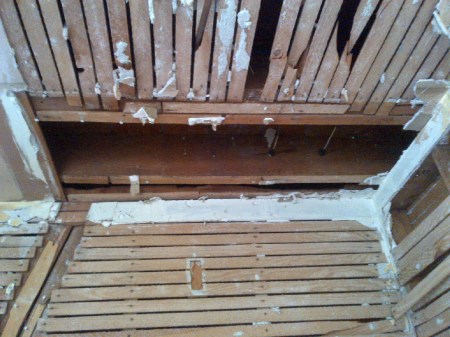 Contractor's picture to help determine what, if any, structural enhancements are needed here - and how the exhaust fan from above the stove can be installed