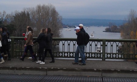 From the Montake Bridge, over the Montlake Cut. Boat parking to the right (starboard).